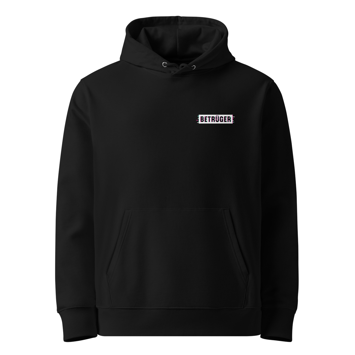 Black organic cotton Anarcho Late Night hoodie with the Betrüger design, front view