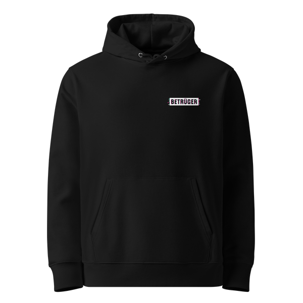Black organic cotton Anarcho Late Night hoodie with the Betrüger design, front view