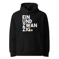 Black organic cotton Bitcoin hoodie with the Einundzwanzig design, front view