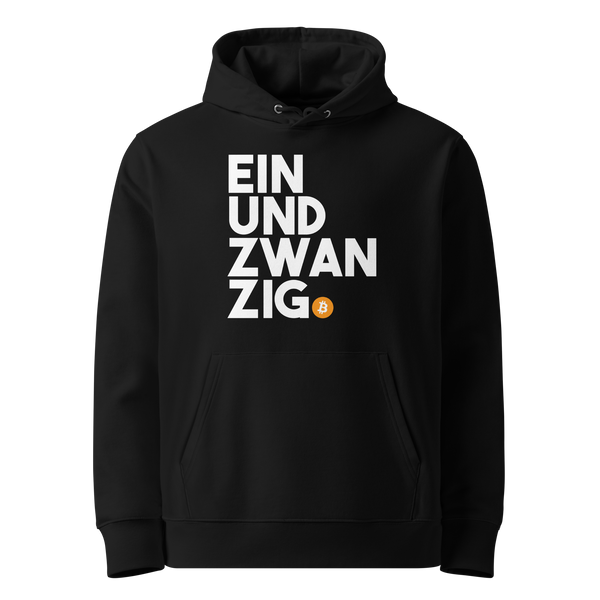 Einundzwanzig eco bitcoin hoodie, front view: EIN UND ZWAN ZIG set in heavy black type across four lines on white, closed by an orange bitcoin coin, printed on the chest.