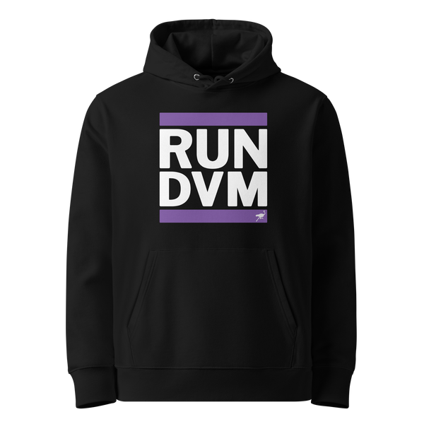 Black organic cotton Nostr hoodie with the Run DVM design, front view