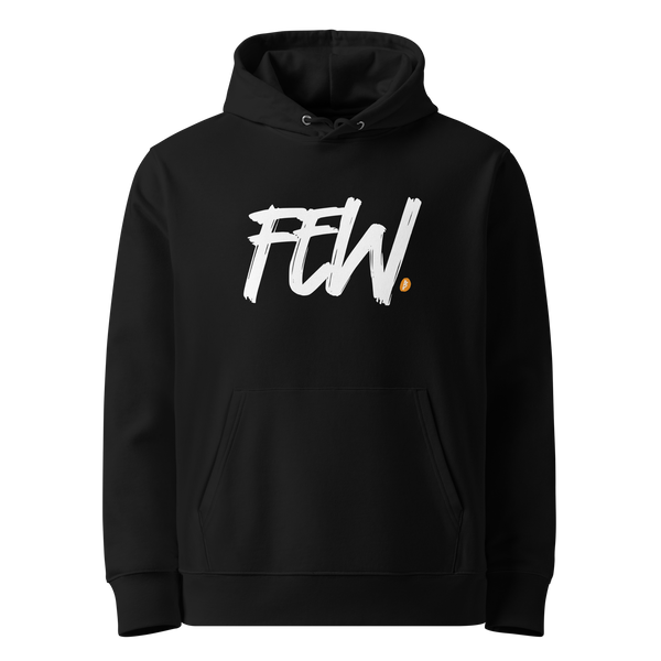 Few eco bitcoin hoodie, front view: FEW. in large white brush lettering with a small orange dot, printed on the chest.