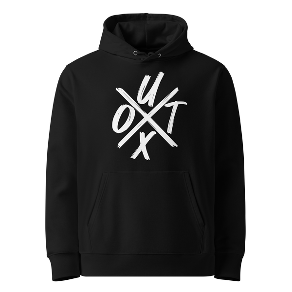UTXO eco bitcoin hoodie, front view: UTXO in white brush letters set around a large X, printed on the chest.