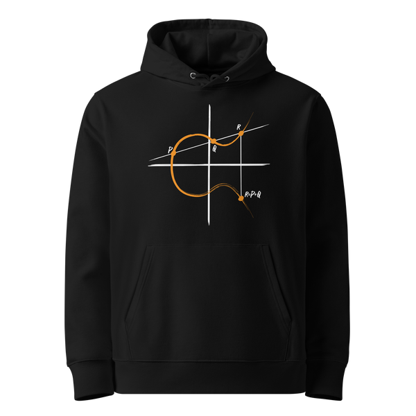 Elliptic Curve Cryptography eco bitcoin hoodie, front view: an elliptic curve drawn in orange across white coordinate axes with the points P, Q and R marked, printed on the chest.