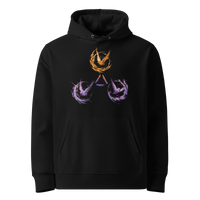 Black organic cotton Bitcoin hoodie with the Trinity of Freedom design, front view