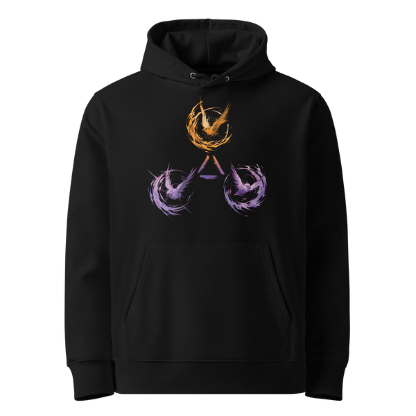 Trinity of Freedom eco bitcoin hoodie, front view: three feathered wing spirals arranged in a triangle, one orange and two purple, around a small triangle, printed on the chest.