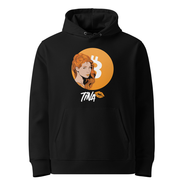 TINA eco bitcoin hoodie, front view: a red-haired woman in profile in front of a large orange bitcoin circle, TINA below beside an orange lipstick kiss.