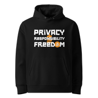 Black organic cotton Bitcoin hoodie with the Privacy + Responsibility = Freedom design, front view