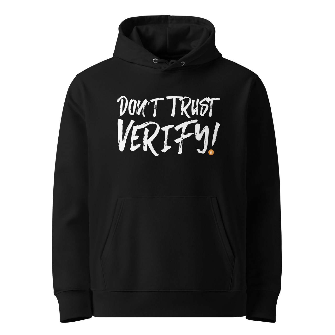 Black organic cotton Bitcoin hoodie with the Don't Trust Verify design, front view