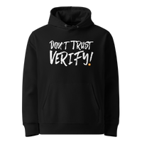 Black organic cotton Bitcoin hoodie with the Don't Trust Verify design, front view