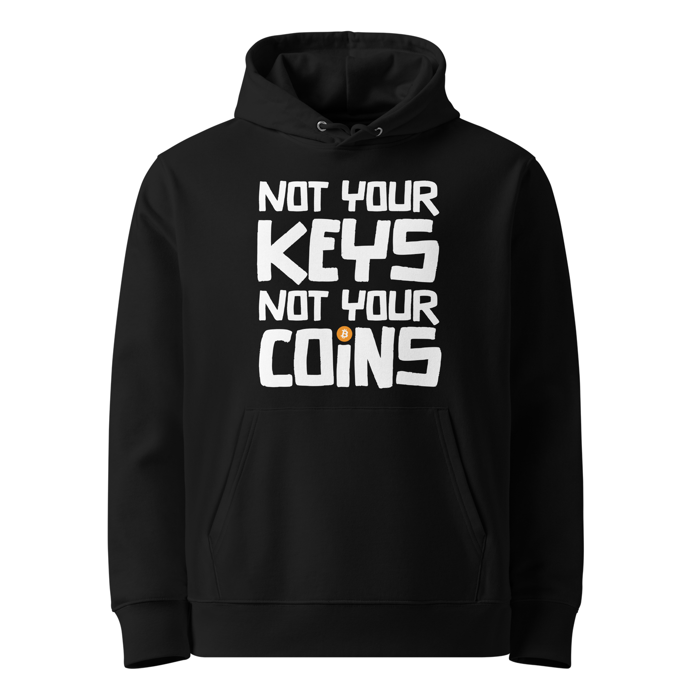 Black organic cotton Bitcoin hoodie with the Not your Keys Not your Coins design, front view