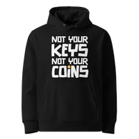 Black organic cotton Bitcoin hoodie with the Not your Keys Not your Coins design, front view