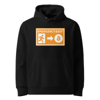 Black organic cotton Bitcoin hoodie with the Emergency Exit design, front view