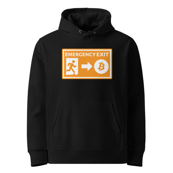 Emergency Exit eco bitcoin hoodie, front view: an emergency exit sign in orange and white, the running figure heading through the doorway and an arrow pointing to a bitcoin coin, printed on the chest.