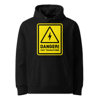 Black organic cotton Bitcoin hoodie with the Danger! Fast Transactions design, front view