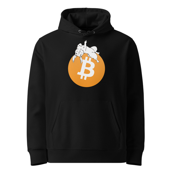 F*** Fiat Money eco bitcoin hoodie, front view: a white rabbit lounging across a large orange bitcoin circle on white, printed on the chest.
