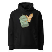 Black organic cotton Bitcoin hoodie with the Escape From Fiat Madness design, front view