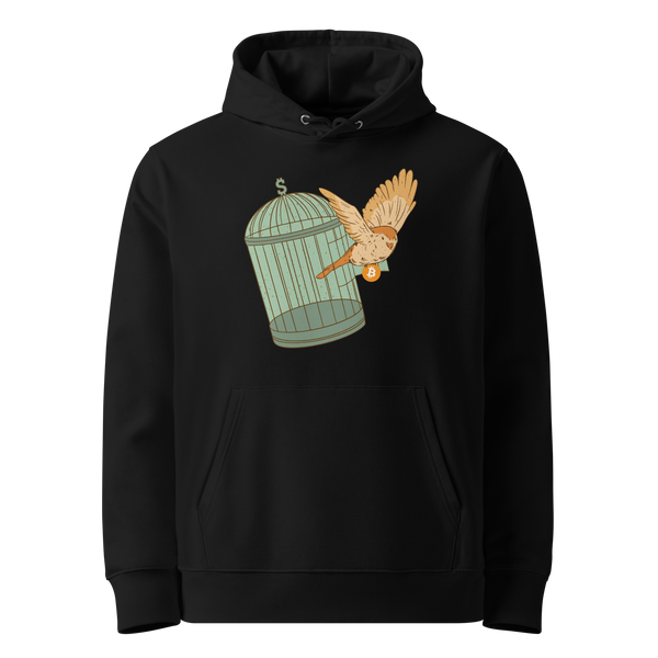 Escape From Fiat Madness eco bitcoin hoodie, front view: a bird with an orange bitcoin medallion breaking out of a green cage topped by a dollar sign, printed on the chest.