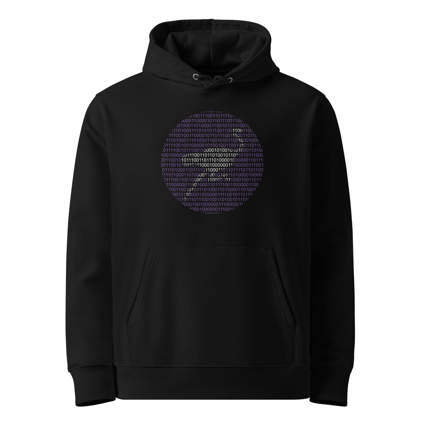Black organic cotton Nostr hoodie with the Nostr Binary design, front view