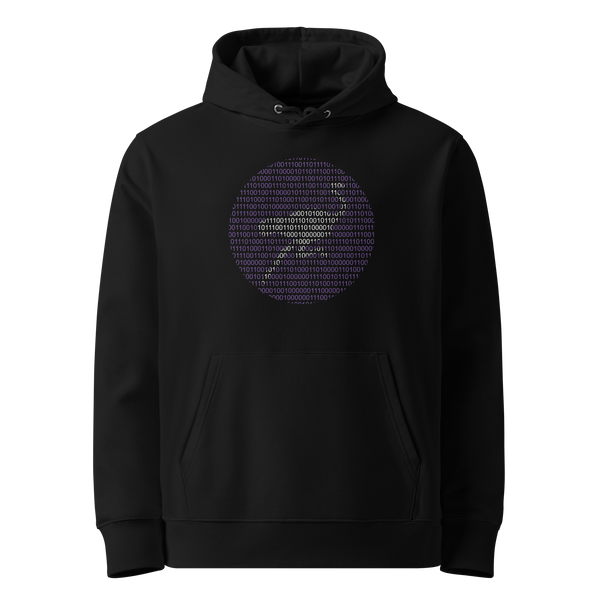 Nostr Binary eco nostr hoodie, front view: a white running ostrich above the lowercase nostr wordmark on purple, printed on the chest.
