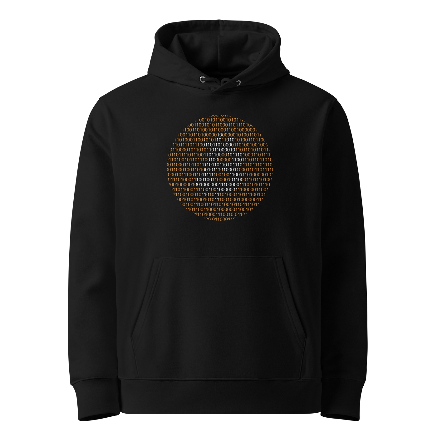 Black organic cotton Bitcoin hoodie with the Bitcoin Binary design, front view