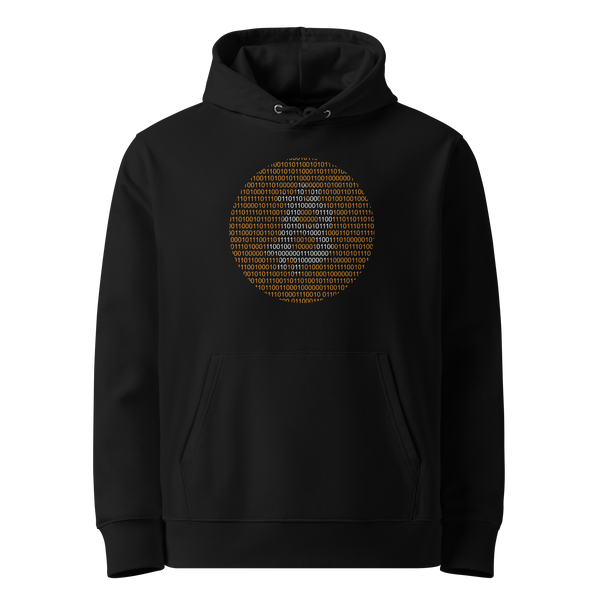 Bitcoin Binary eco bitcoin hoodie, front view: a large solid orange bitcoin B on white, printed on the chest.