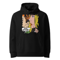Black organic cotton Bitcoin hoodie with the Study Bitcoin design, front view