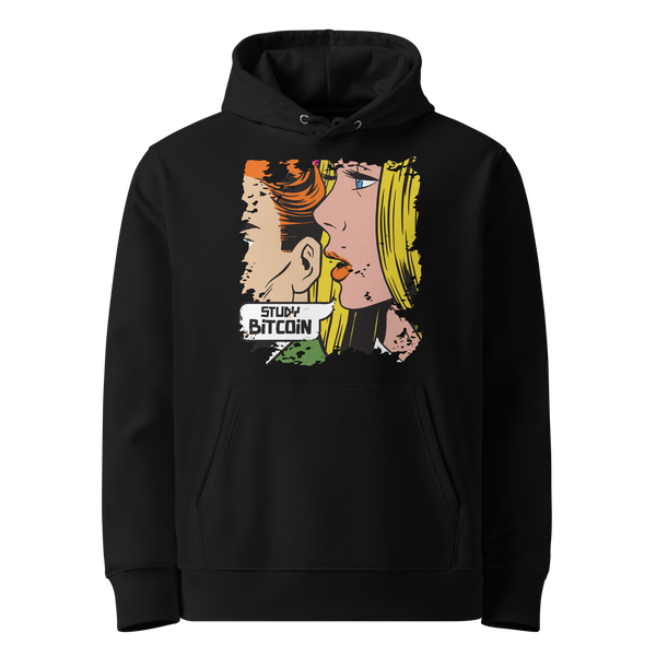 Study Bitcoin eco bitcoin hoodie, front view: a pop-art panel of two faces in profile with STUDY BITCOIN on a speech banner, printed on the chest.
