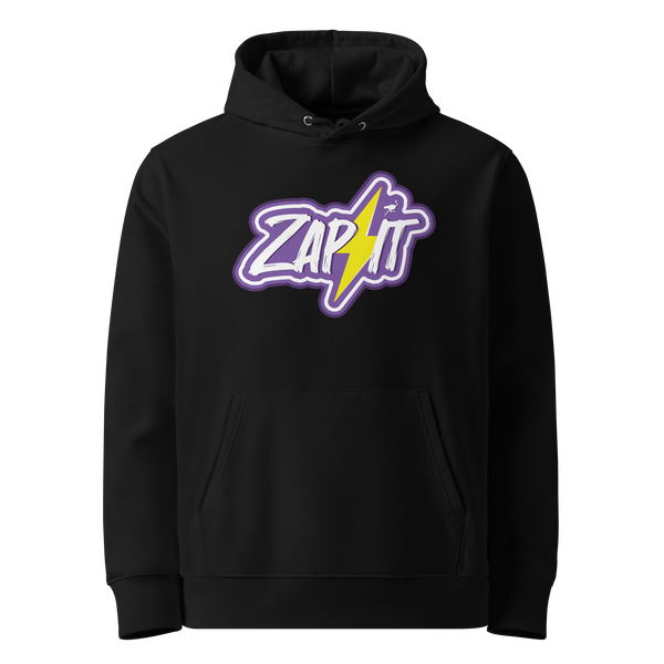 Zap It eco nostr hoodie, front view: ZAP IT in white brush lettering on purple, split by a yellow lightning bolt with a small ostrich perched on it, printed on the chest.