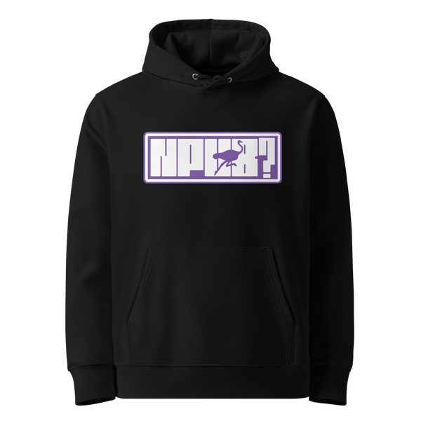 nPub eco nostr hoodie, front view: nPub? in white block letters inside an outlined box on purple, the letter u formed by an ostrich silhouette, printed on the chest.