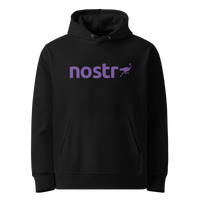 Black organic cotton Nostr hoodie with the Nostr design, front view