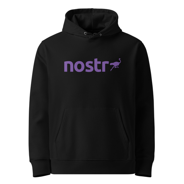 Nostr eco nostr hoodie, front view: a white running ostrich above the lowercase nostr wordmark on purple, printed on the chest.