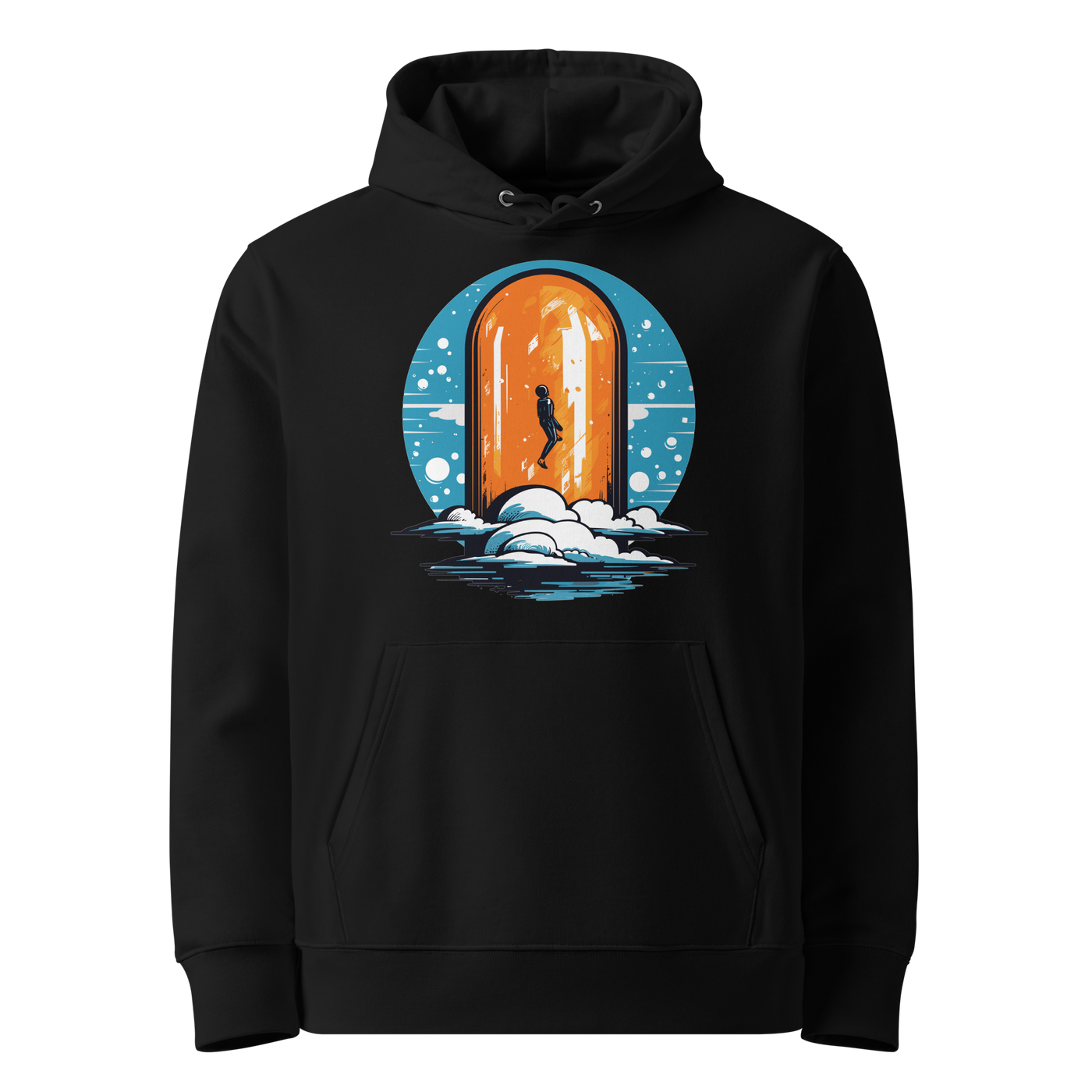 Black organic cotton Bitcoin hoodie with the Orange Pill design, front view