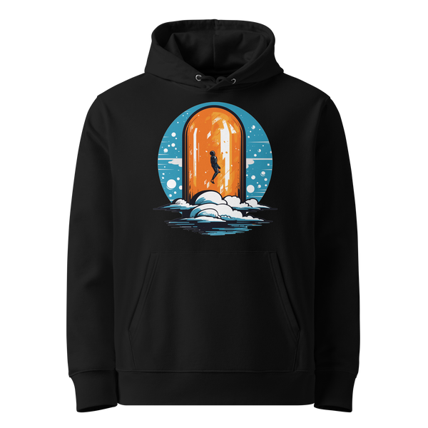 Black organic cotton Bitcoin hoodie with the Orange Pill design, front view