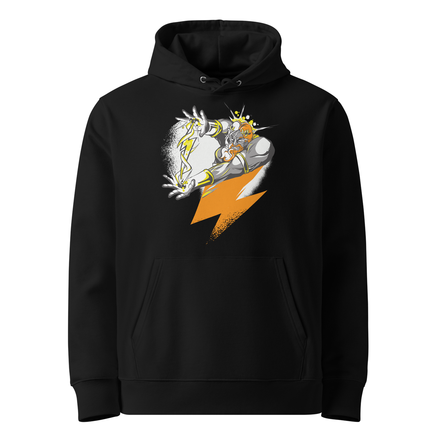 Black organic cotton Bitcoin hoodie with the Zeus design, front view