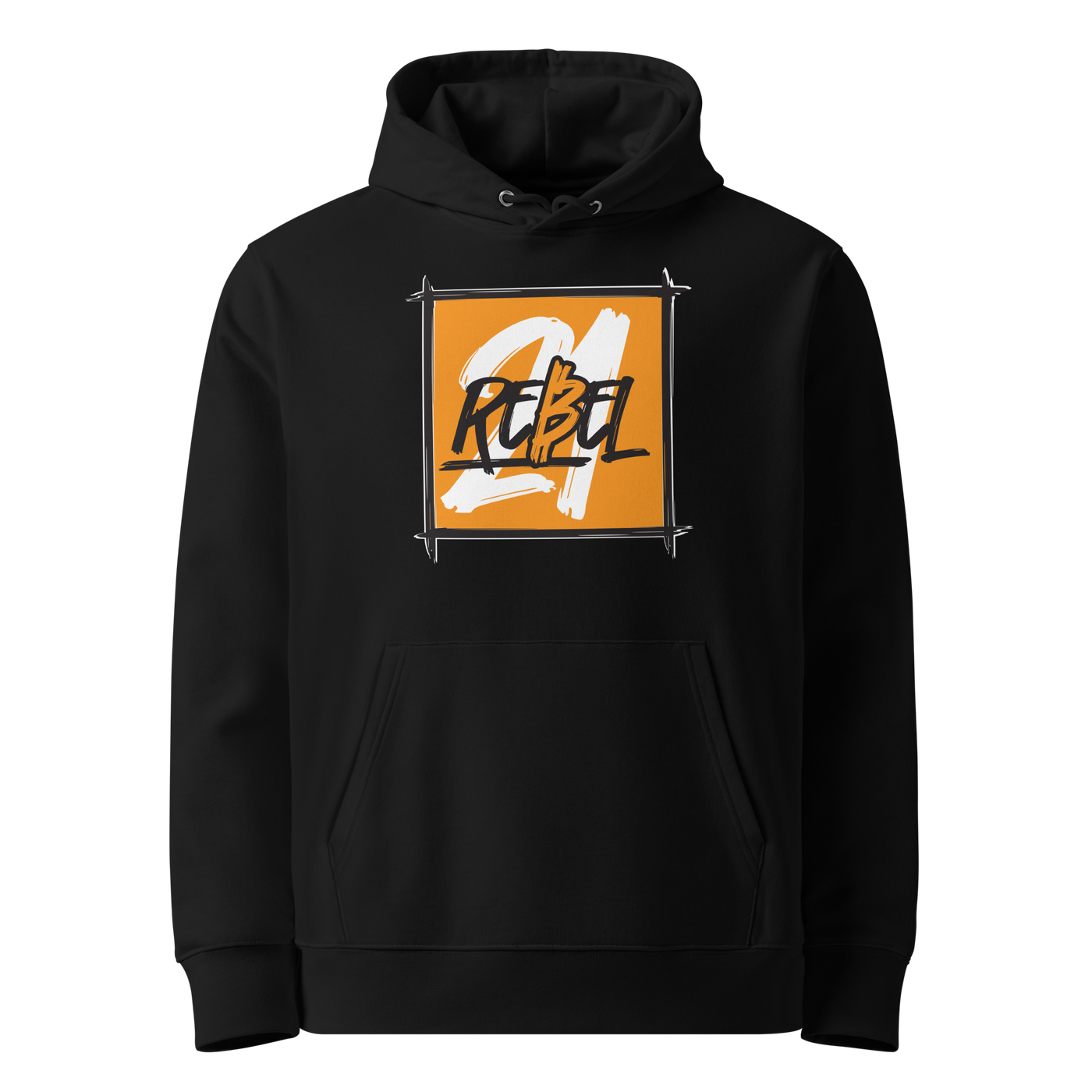 Black organic cotton Bitcoin hoodie with the 21 Rebel design, front view