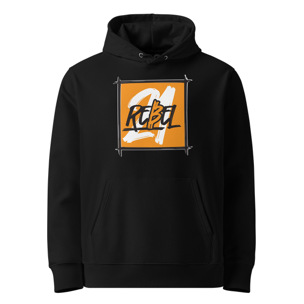 21 Rebel eco bitcoin hoodie, front view: a broad white brush 21 on orange with REBEL written across it in black brush lettering, printed on the chest.