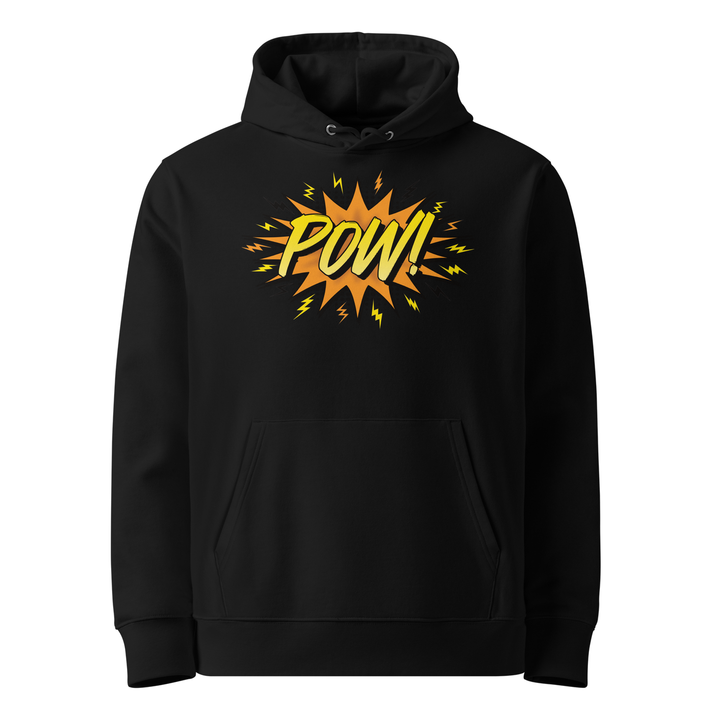 POW! eco bitcoin hoodie in Black, front view: a comic style orange burst with POW! in yellow lettering and small lightning bolts.