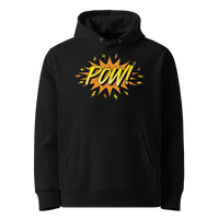 POW! eco bitcoin hoodie in Black, front view: a comic style orange burst with POW! in yellow lettering and small lightning bolts.