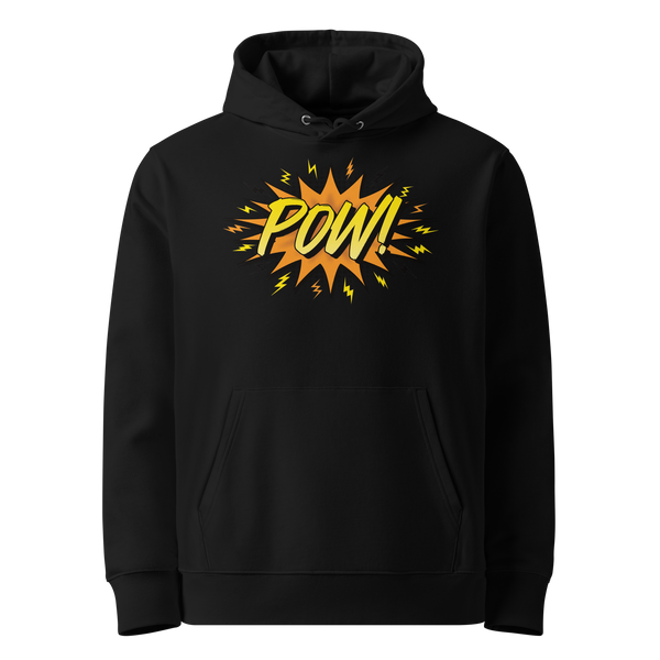 POW! eco bitcoin hoodie in Black, front view: a comic style orange burst with POW! in yellow lettering and small lightning bolts.