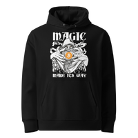 Magic make its Way eco bitcoin hoodie in Black, front view: a hooded figure holding an orange bitcoin coin under the words Magic make its Way in gothic lettering.