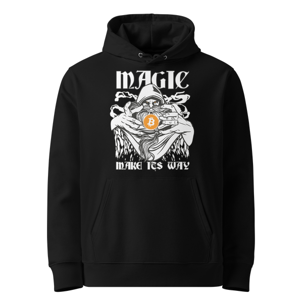 Magic make its Way eco bitcoin hoodie in Black, front view: a hooded figure holding an orange bitcoin coin under the words Magic make its Way in gothic lettering.