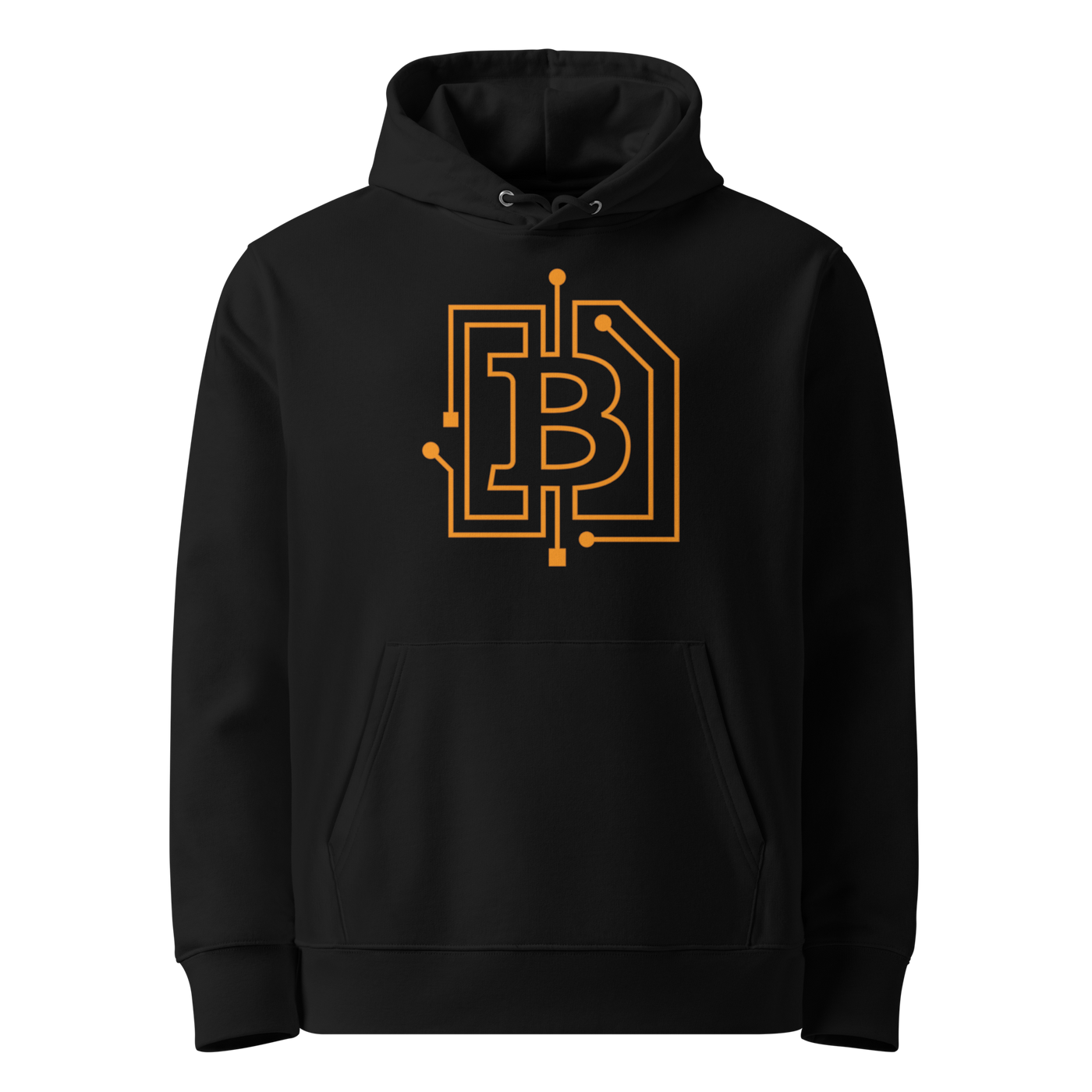 Circuit Board eco bitcoin hoodie in Black, front view: an orange bitcoin B drawn as circuit board traces.