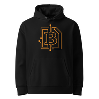 Circuit Board eco bitcoin hoodie in Black, front view: an orange bitcoin B drawn as circuit board traces.