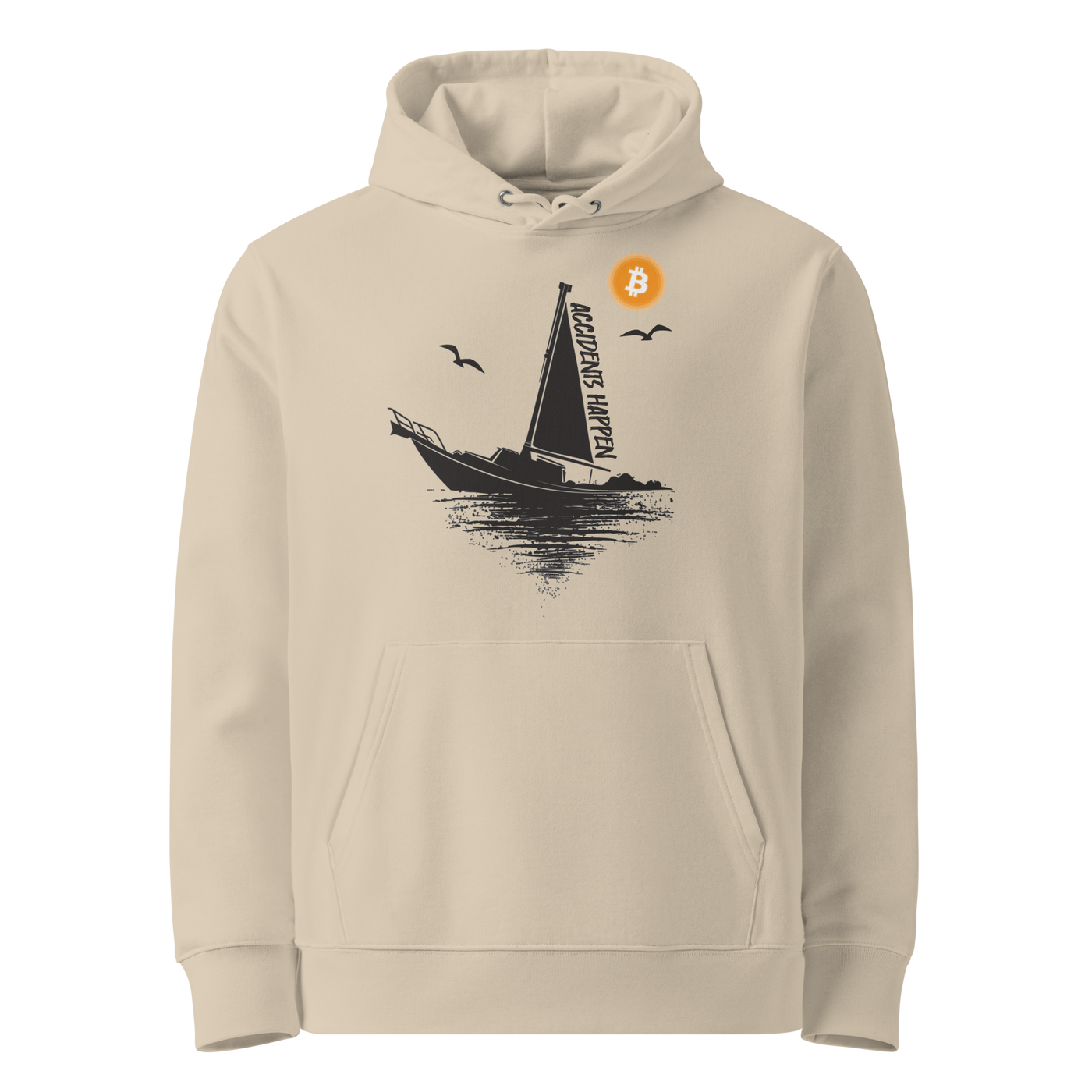 Desert Dust organic cotton Bitcoin hoodie with the Accidents Happen design, front view