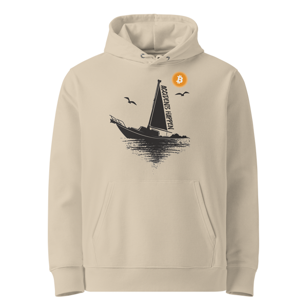 Accidents Happen eco bitcoin hoodie, front view: a black sinking sailboat on choppy water with two gulls and an orange bitcoin coin, ACCIDENTS HAPPEN running up the mast, printed on the chest.