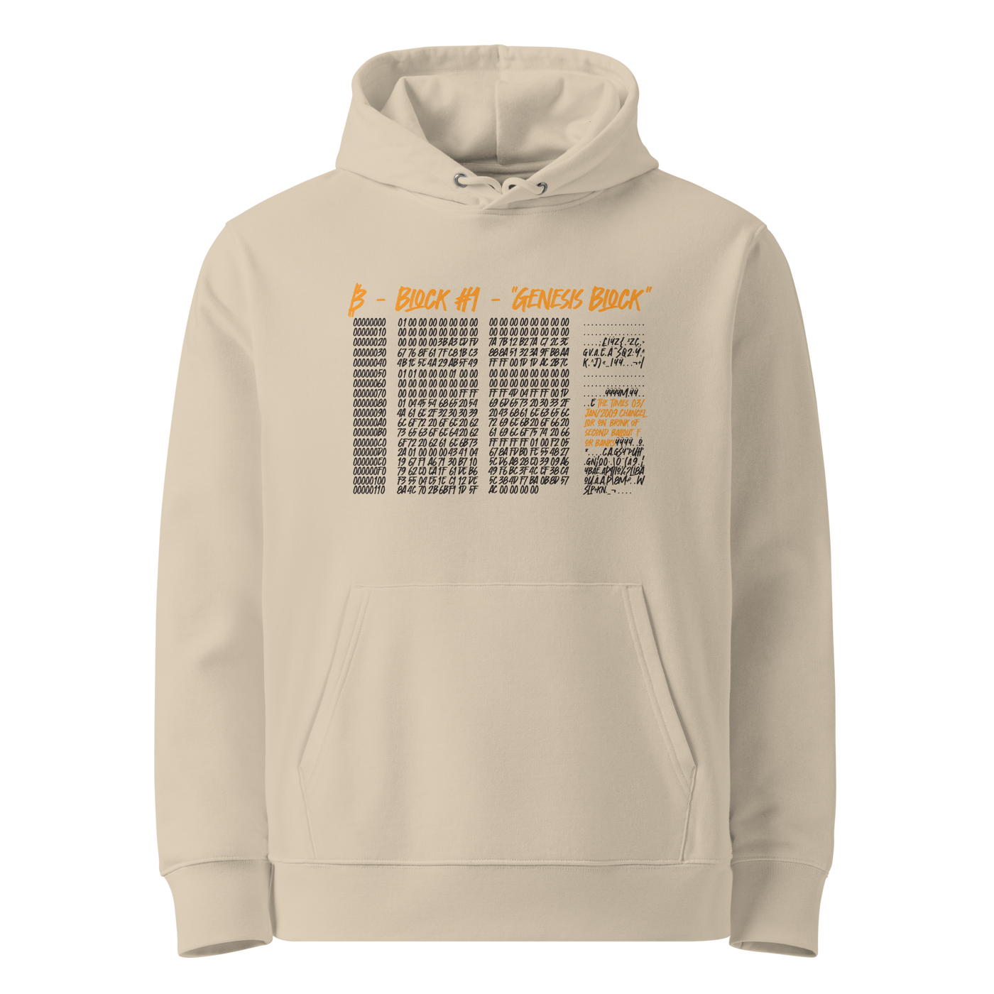 Desert Dust organic cotton Bitcoin hoodie with the Genesis Block design, front view