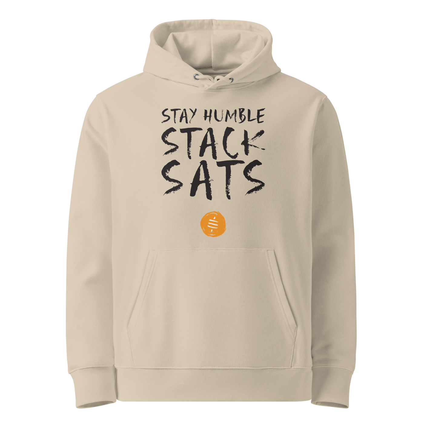 Desert Dust organic cotton Bitcoin hoodie with the Stay Humble Stack Sats design, front view