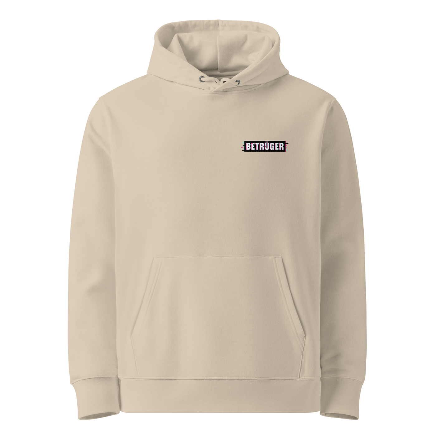 Desert Dust organic cotton Anarcho Late Night hoodie with the Betrüger design, front view