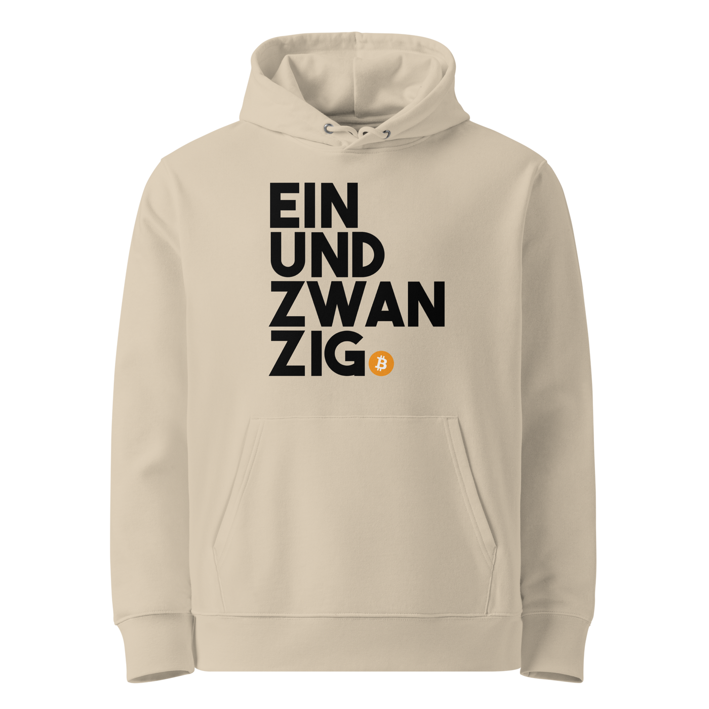 Desert Dust organic cotton Bitcoin hoodie with the Einundzwanzig design, front view